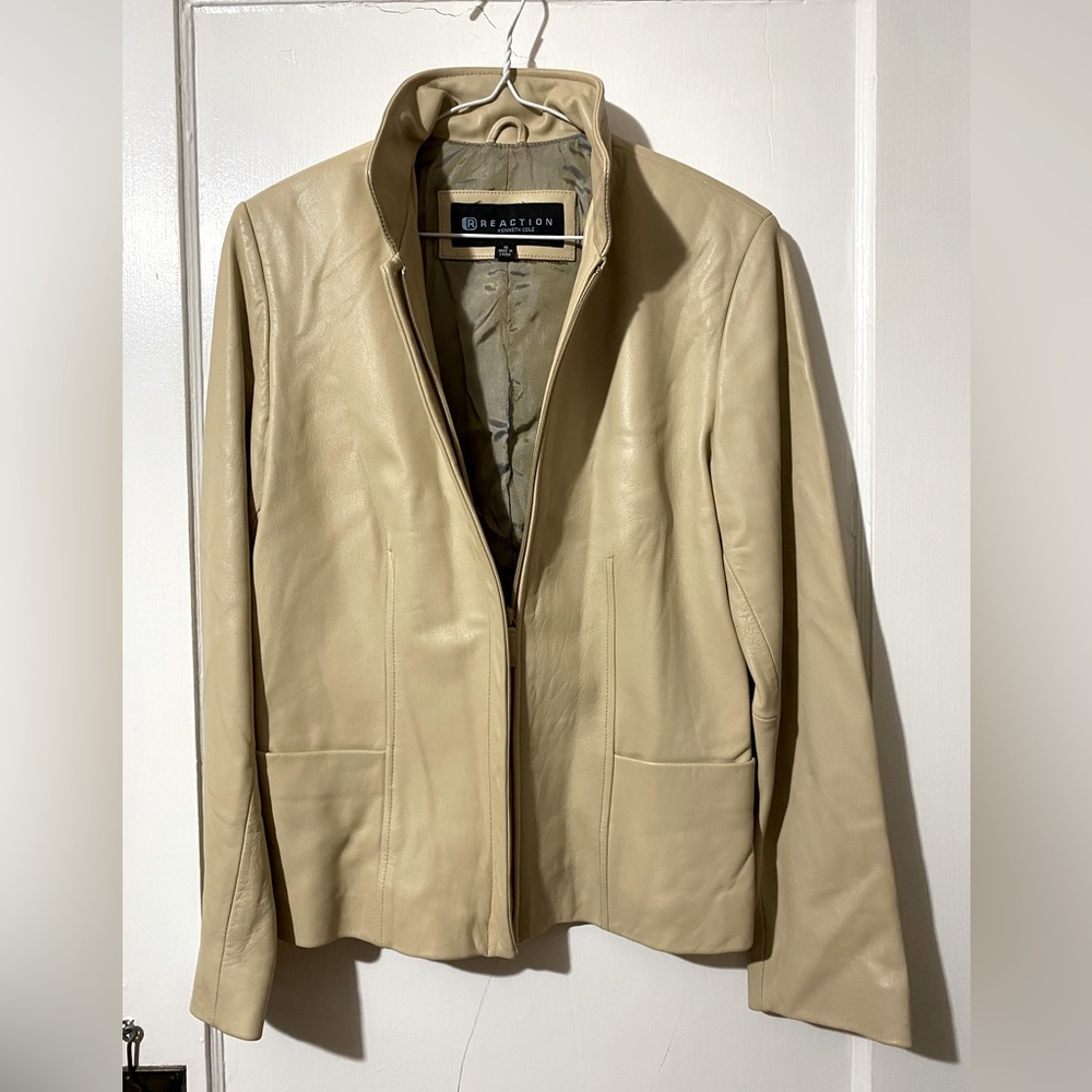 Kenneth Cole ‘Reaction’ lined leather blazer.  Classic styling, 2 front pocket